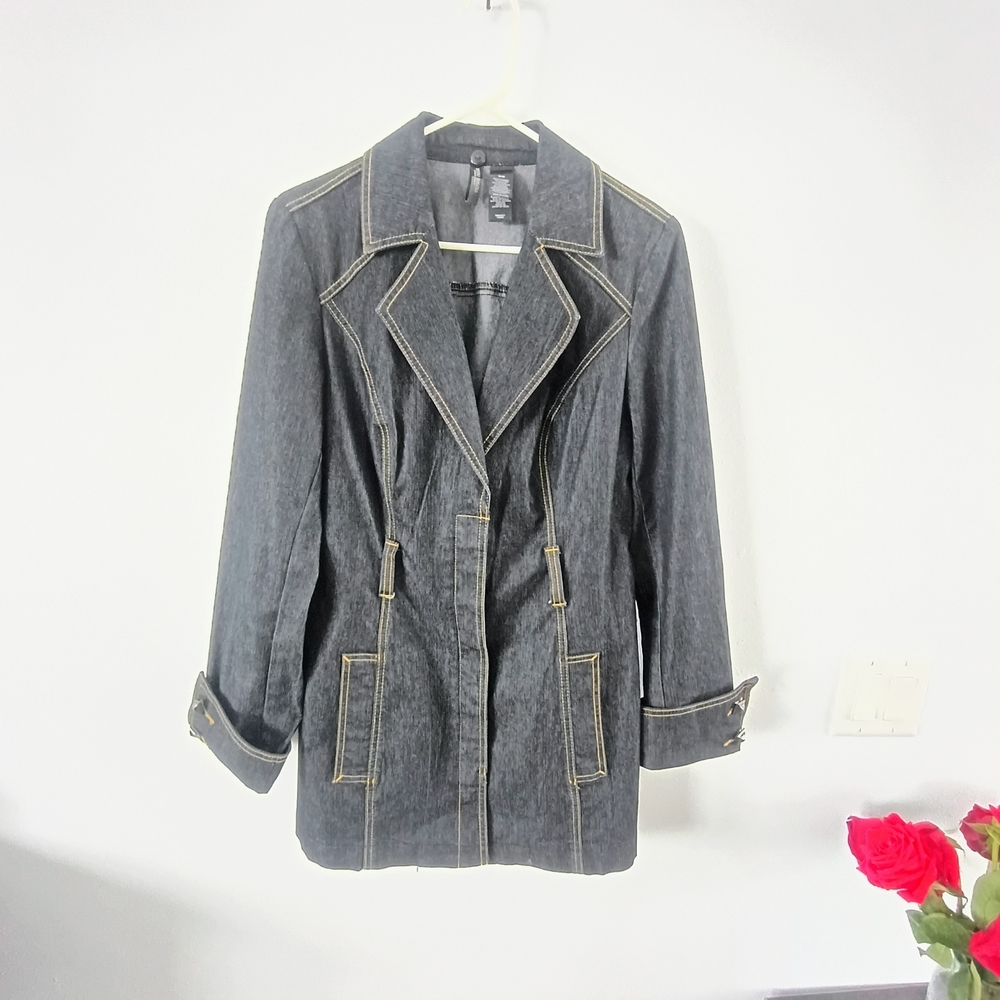 Bisou Bisou Michele Bohbot Denim Blazer Jacket Contrast Stitch Womens M